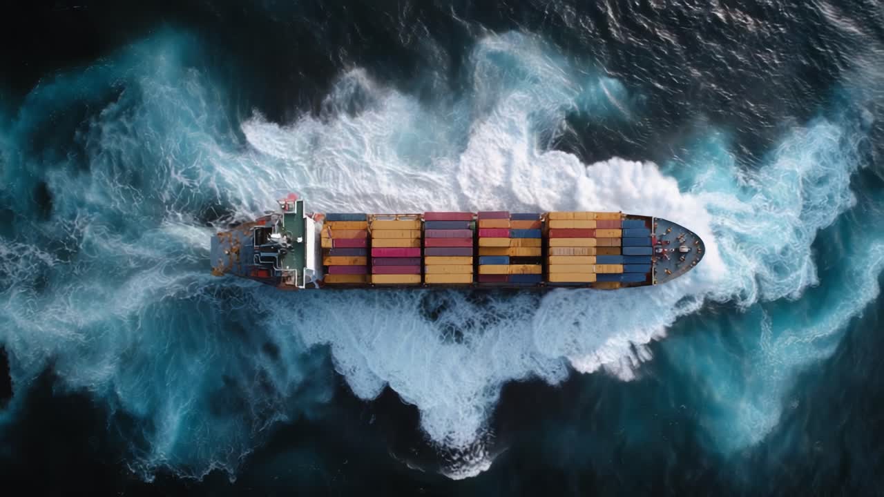 Aerial View of Container Ship Navigating Through Turbulent Waters, Showcasing Its Impressive Cargo Capacity and Dynamic Movement in the Open Sea