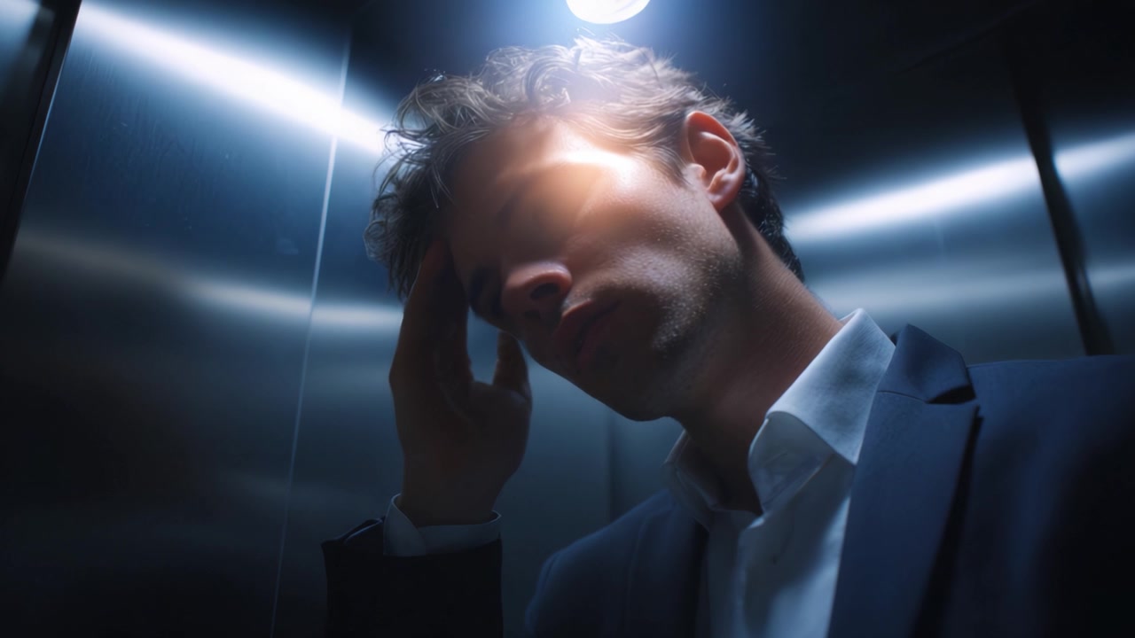 Seorang pria muda di dalam lift, mengabadikan momen perenungan di bawah cahaya redup, menyampaikan rasa isolasi dan introspeksi di lingkungan modern.