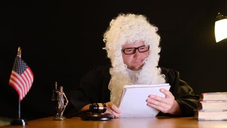 a judge, dressed in a solemn black robe, carefully reads case notes while being surrounded by various legal symbols