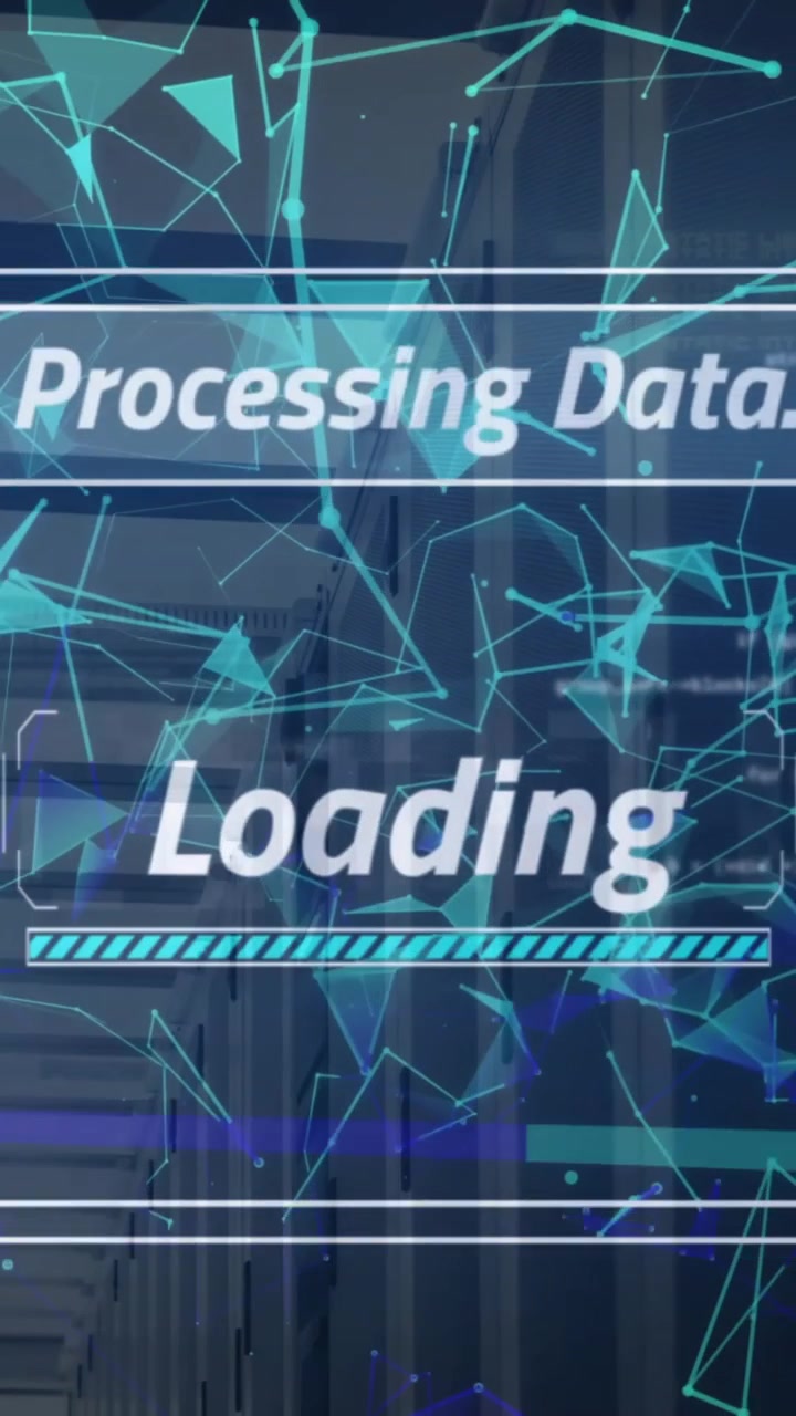 Animation of data processing and loading bar with shapes over server room