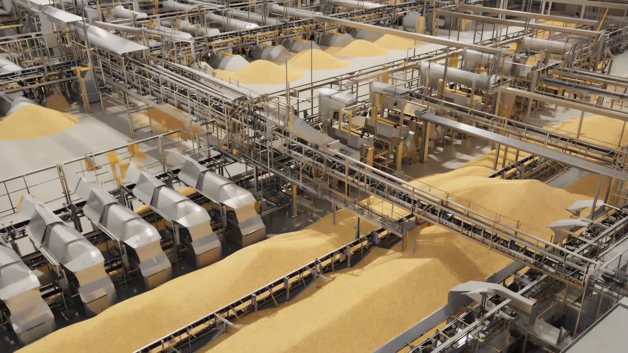 Grain elevator factory interior with automated machinery