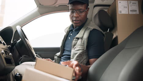 delivery driver with package in van