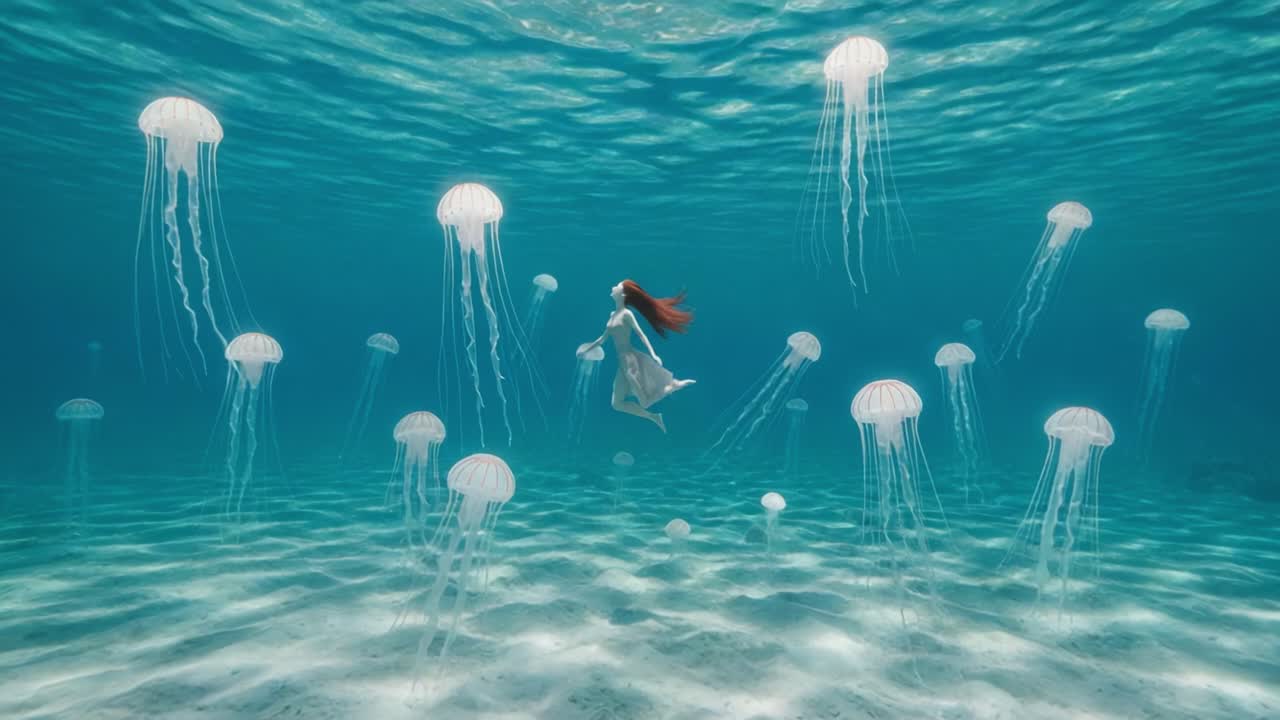 A Serene Dance Beneath the Waves: A Dreamlike Encounter with Graceful Jellyfish and an Enigmatic Figure in Ethereal Surroundings
