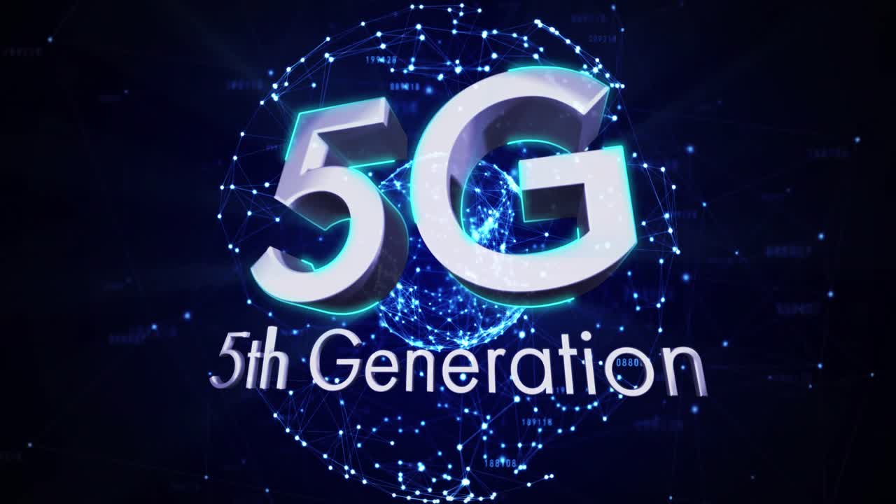 animación de texto de 5g de quinta generación sobre un globo brillante de conexiones