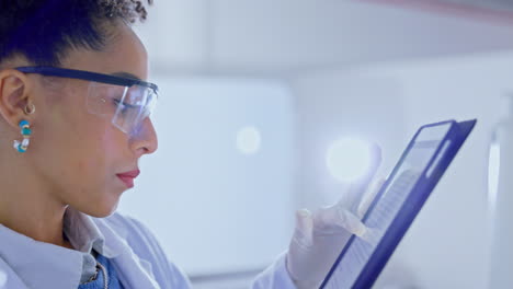 woman, scientist and tablet in medical research