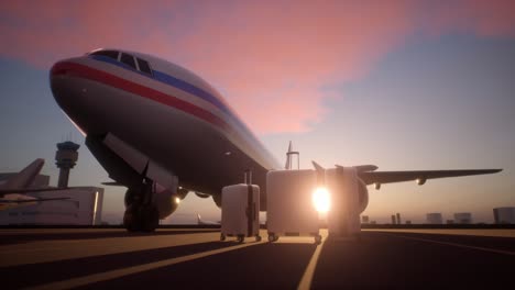 suitcases standing on airstrip in front of an airplane during a evening. brand new, white, extremely wealthy people business travel class