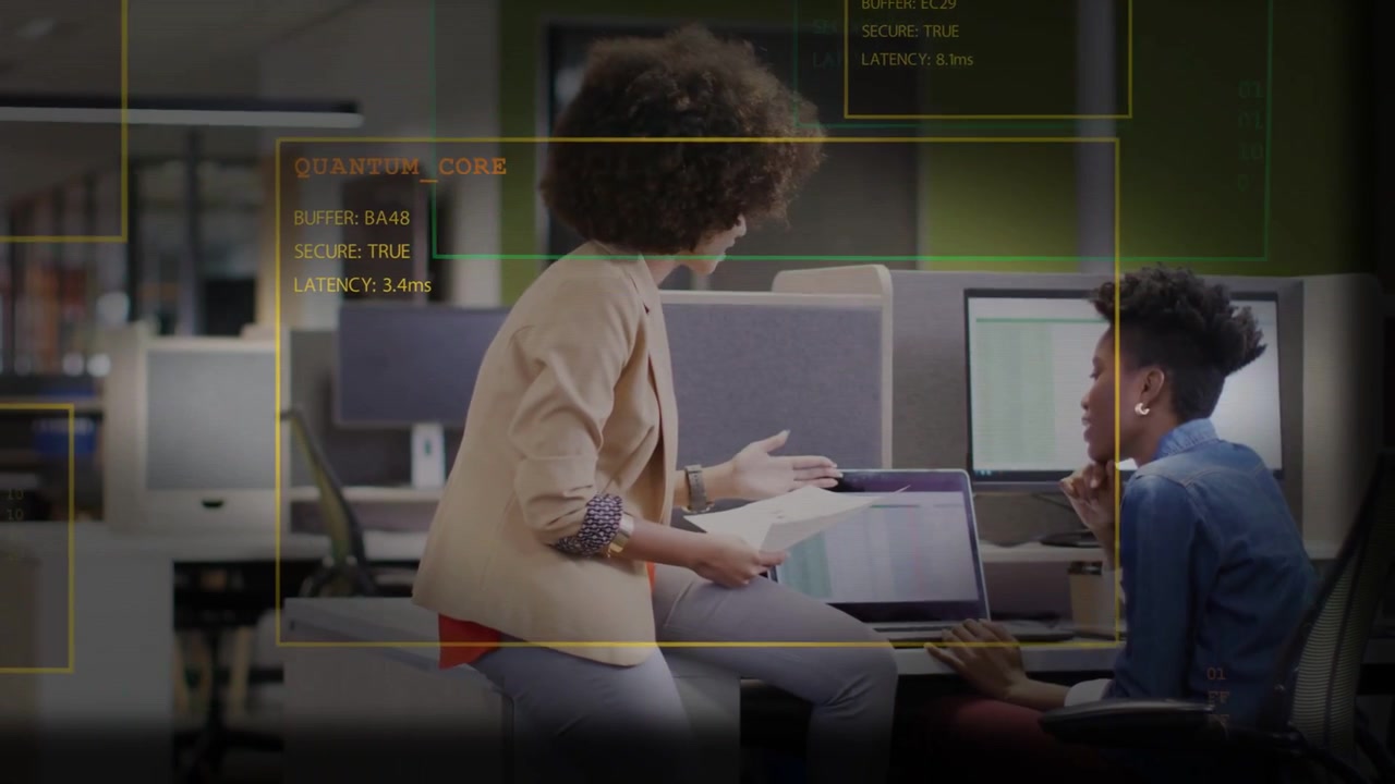 Standing woman angling laptop to peer, pointing at QUANTUM_CORE UI as peer typing, checking latency
