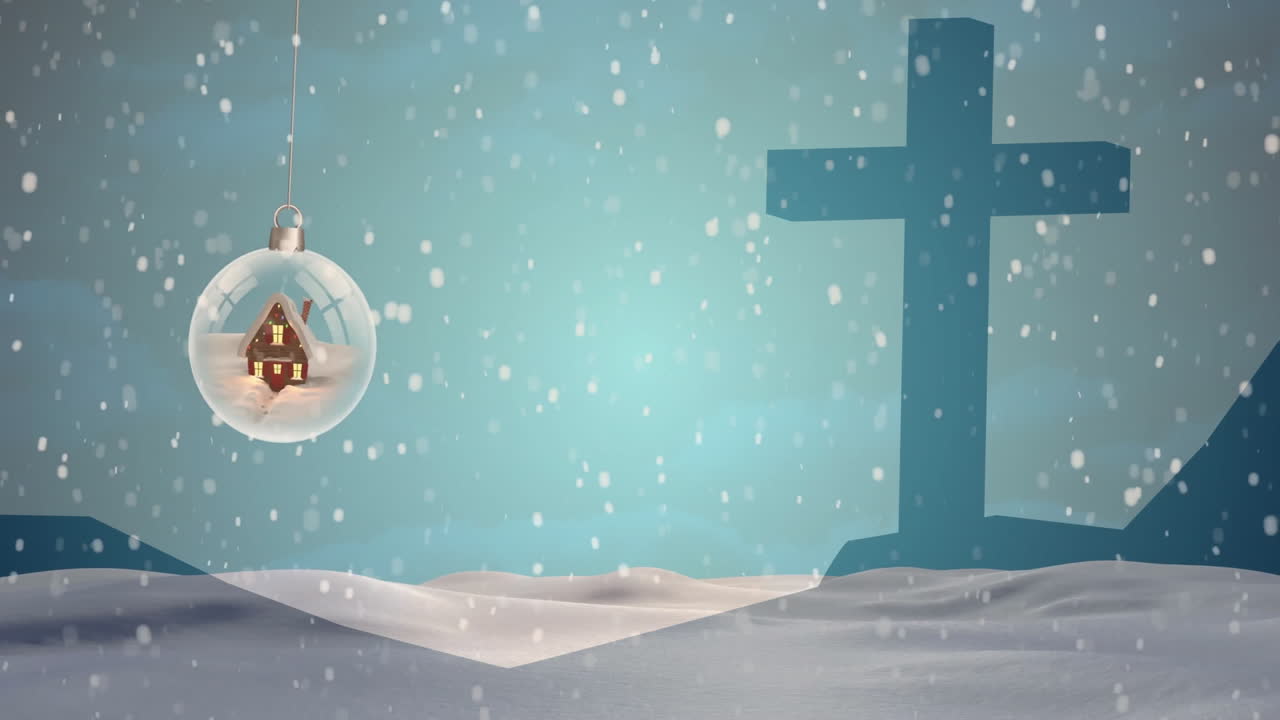 Hanging house ornament beside large cross silhouette in snowy landscape animation