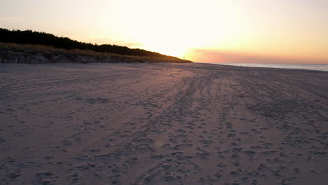 pov of beautiful sunset sandy beach with animal footprint tracks and trails