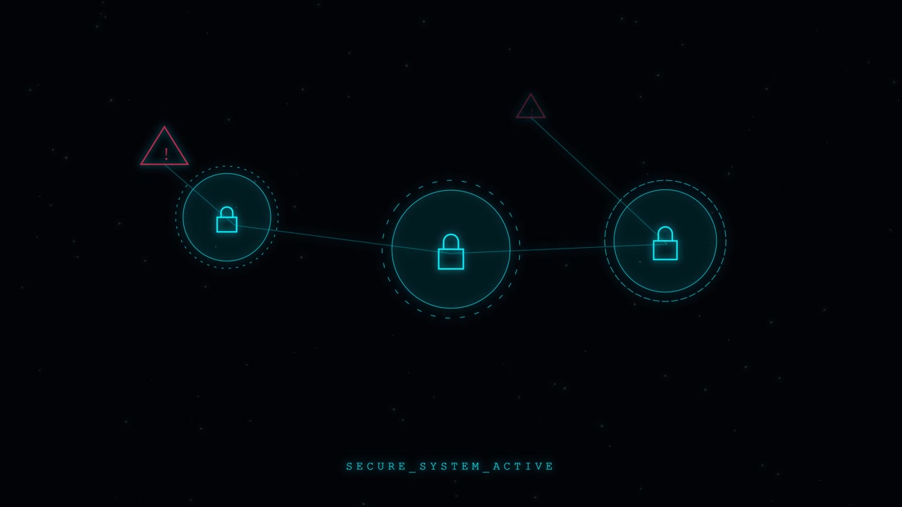 Digital Network Security Interface with Connected Nodes and Warning Icons