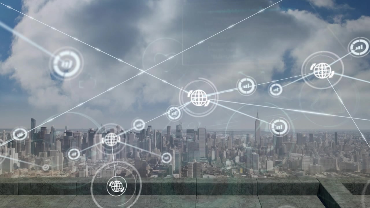 Animazione di una rete di connessioni con icone sul paesaggio cittadino