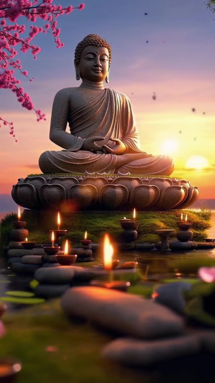 Statua di Buddha in meditazione vicino a uno stagno con candele galleggianti al tramonto
