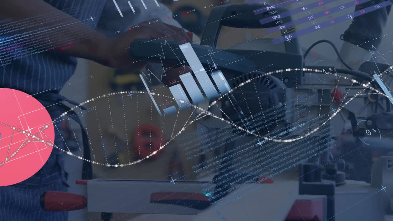 Technician gripping saw while cutting material as data overlays evolving for manufacturing metrics