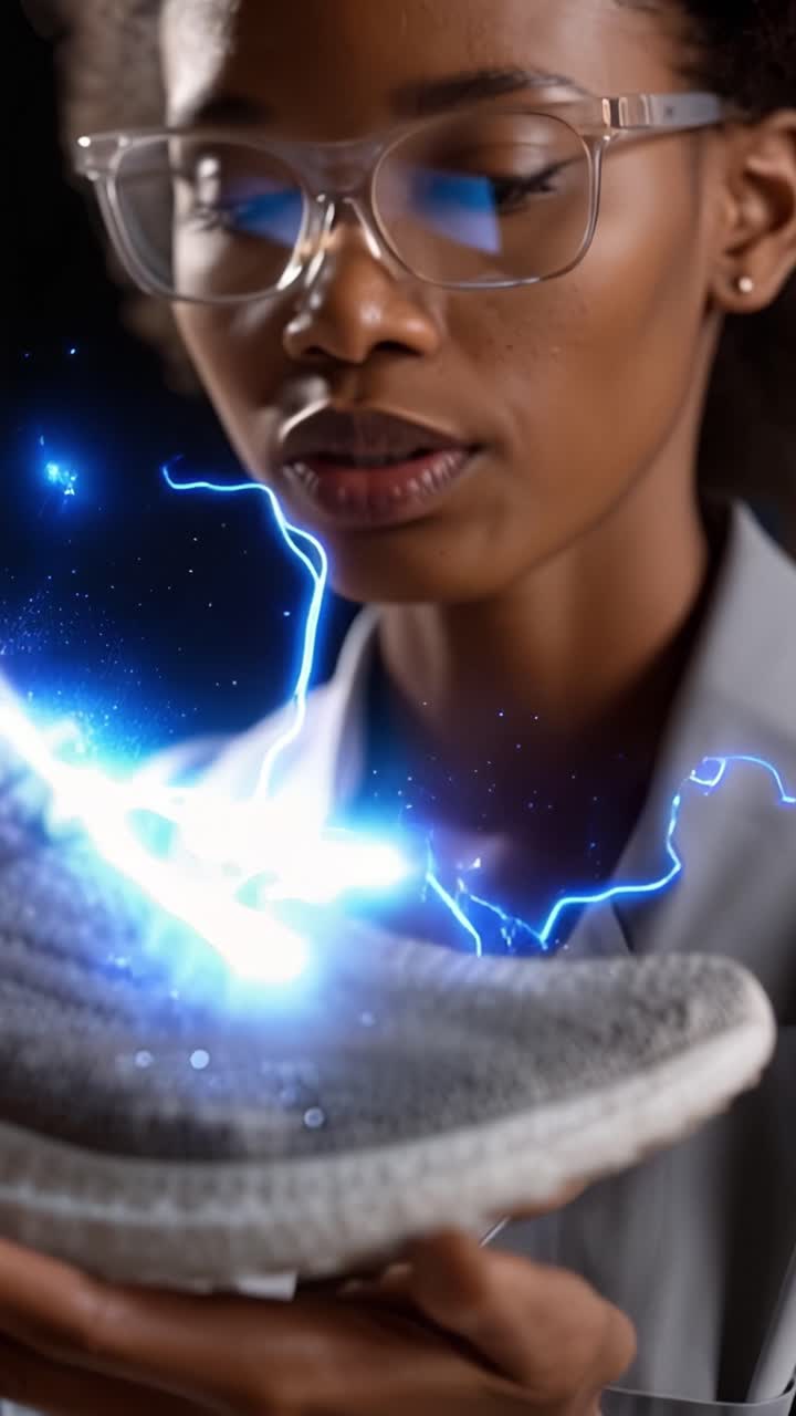 Tecnologia futuristica delle scarpe: uno sguardo ravvicinato a una sneaker atletica luminosa tenuta da una persona, con un design innovativo ed effetti energetici.