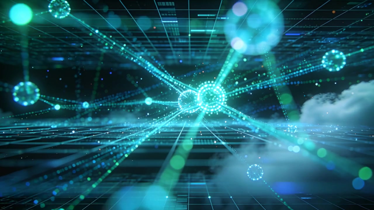 Advancing camera showing central glowing node pair pulsing in virtual 3D grid, with particle trails