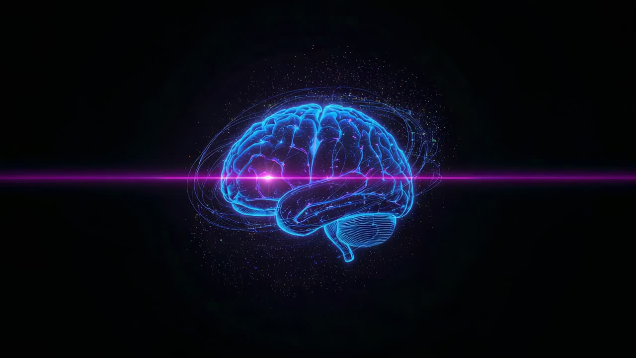 Animating neon brain reacting to magenta beam in digital void, expanding purple rings, pink flare