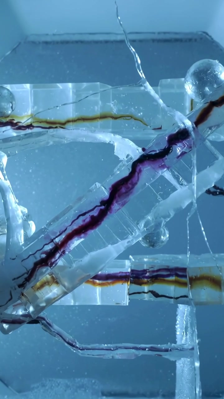 Video verticale: Telecamera che riprende lo spostamento di lastre trasparenti impilate in una custodia azzurra, rivelando una venatura magenta