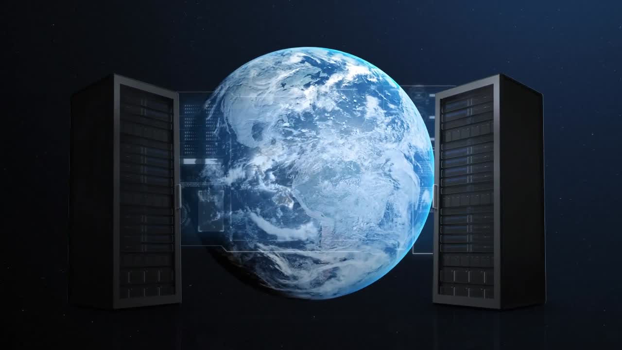 Animazione di server informatici sulla Terra nell'universo su sfondo blu