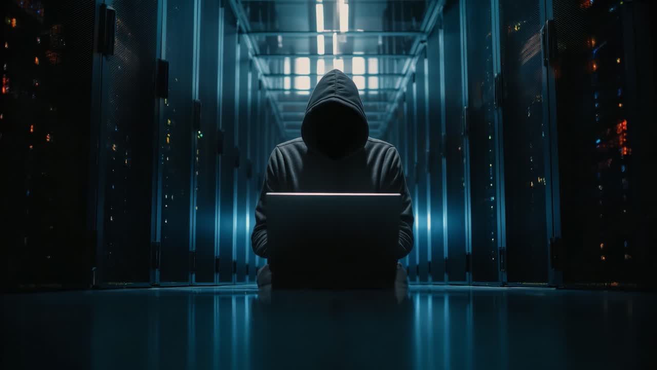 Una figura misteriosa in felpa con cappuccio interagisce con un laptop in una stanza server buia e futuristica, piena di armadi per dati illuminati, esplorando le profondità della tecnologia digitale