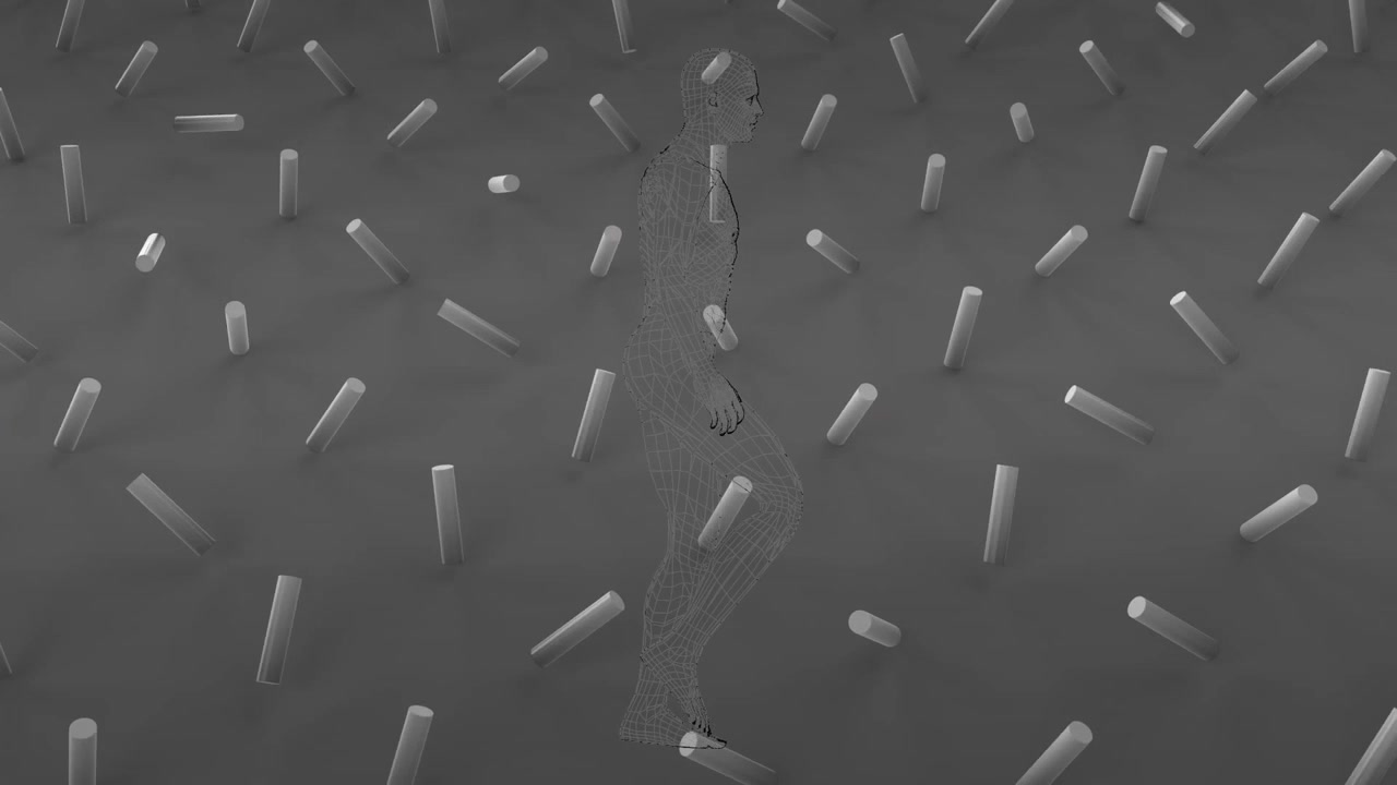 Wireframe Human Figure Walking Through Floating Cylinders