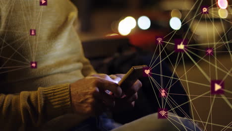 using smartphone, person connected to network of devices animation