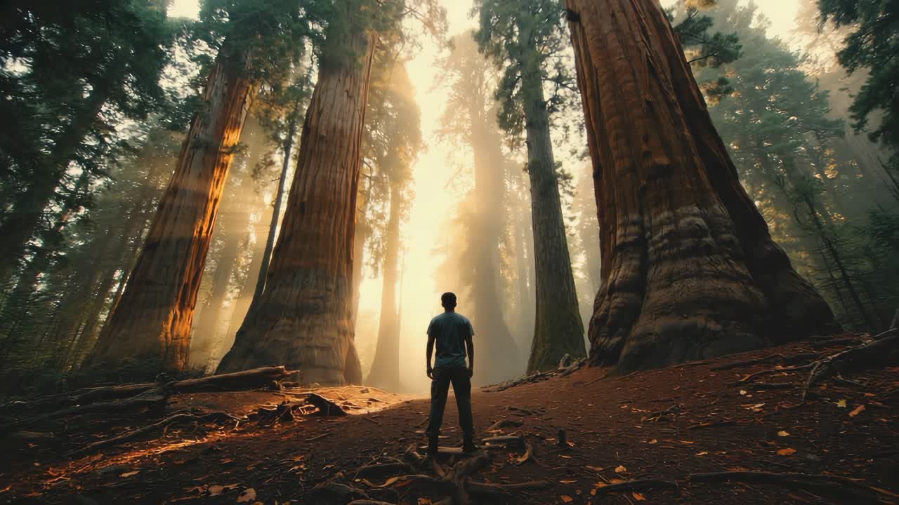 Hiker standing among giant sequoia trees in morning fog, admiring the sun rays filtering through branches, experiencing the awe inspiring beauty of nature