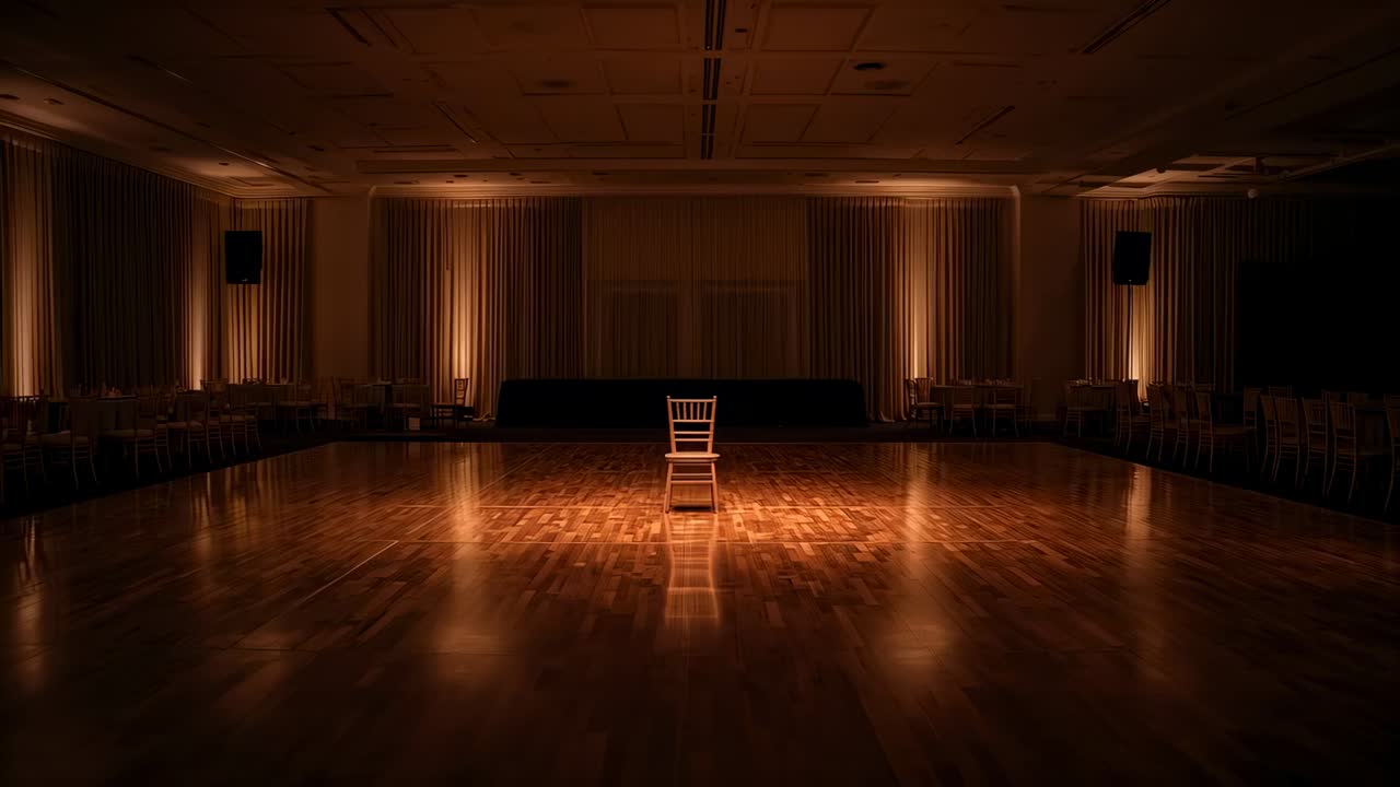 Filming sequence highlighting single wooden chair centered on hardwood floor under amber uplights
