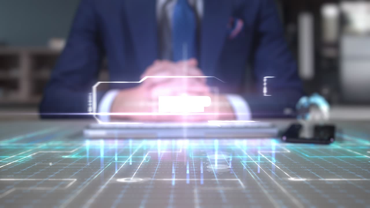 홀로그램 책상에 쓰여진 사업가 기술 단어- mrp