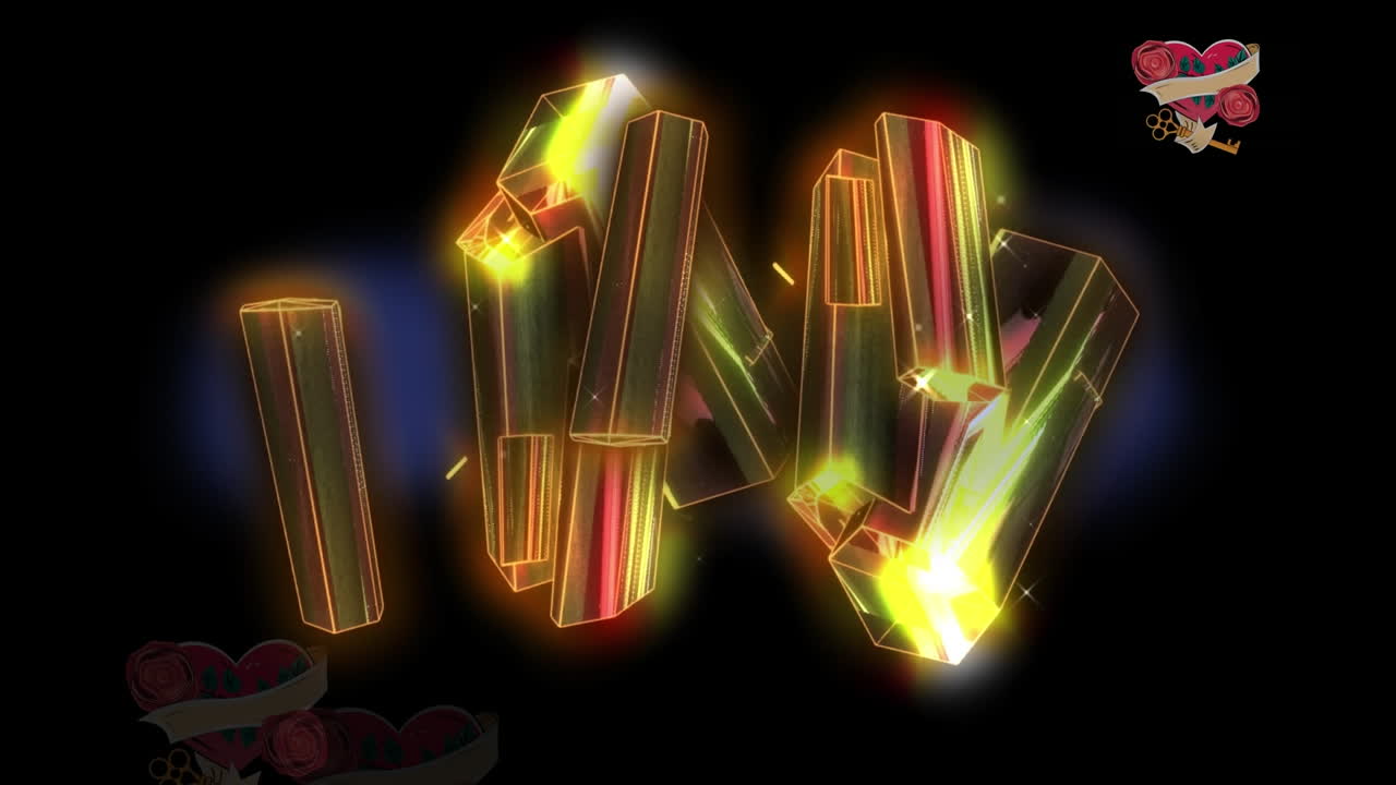 검은색 배경에 황금 블록과 심장의 애니메이션