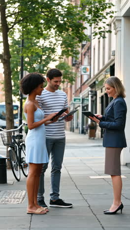 people having a business discussion with tablets on a city street