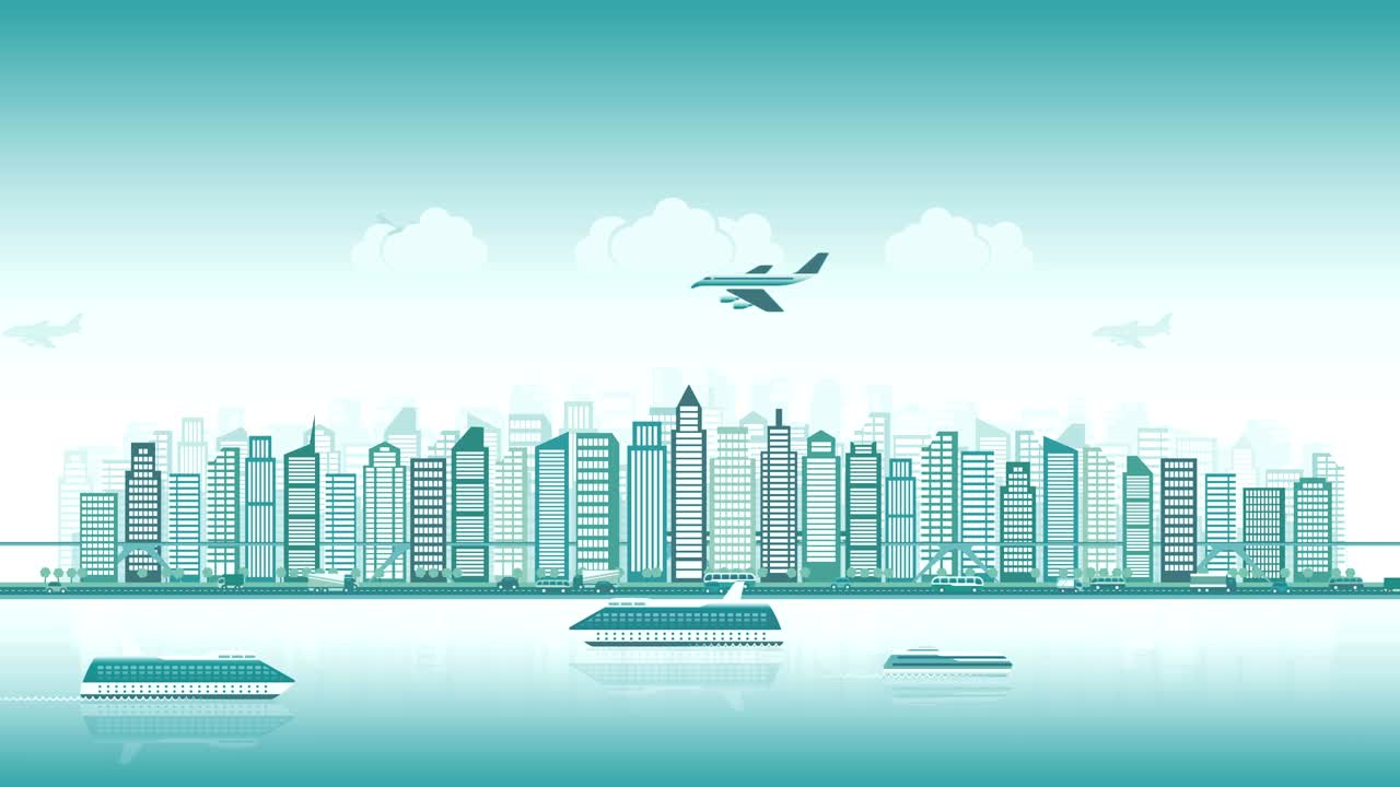 Skyline della città con traffico di vari veicoli (treno, aereo, auto, nave) in stile piatto, paesaggio urbano, loop continuo.