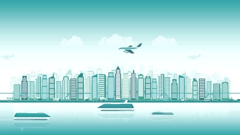 city skyline with traffic of various vehicles train airplane car ship in flat style, cityscape, seamless loop