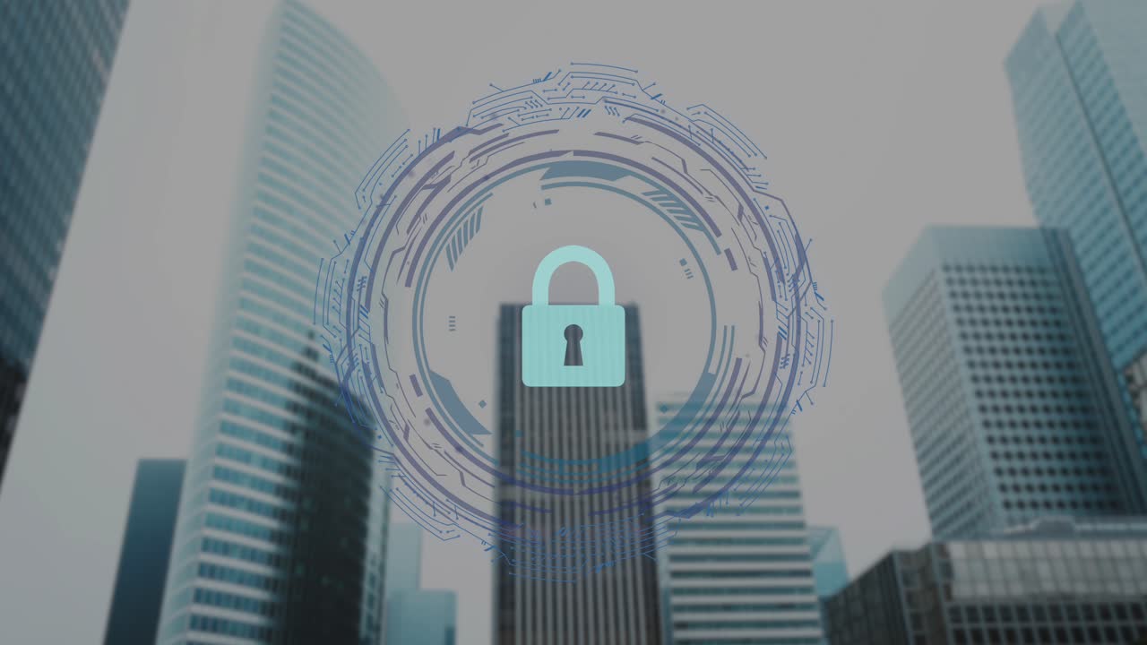 A glowing padlock icon hovers over a city skyline, symbolizing urban cybersecurity