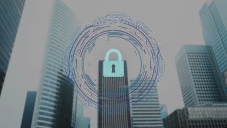 a glowing padlock icon hovers over a city skyline, symbolizing urban cybersecurity