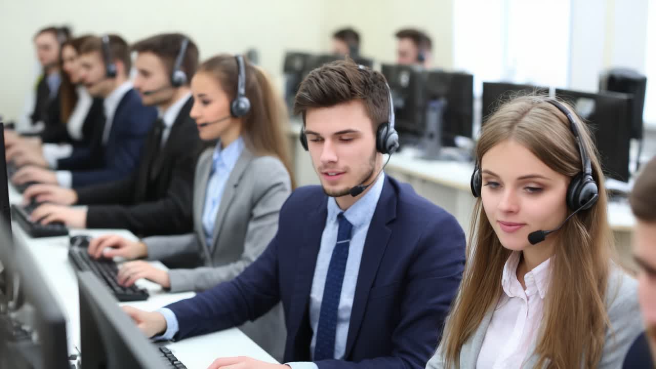 A Professional Call Center Team Engaged in Customer Support Tasks with Headsets and Computers, Demonstrating Efficient Communication and Collaboration Skills