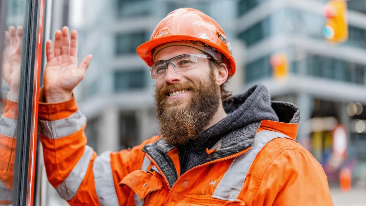Un operaio edile sorridente saluta in un ambiente urbano, mostrando l'equipaggiamento di sicurezza e un atteggiamento positivo nel cuore della città