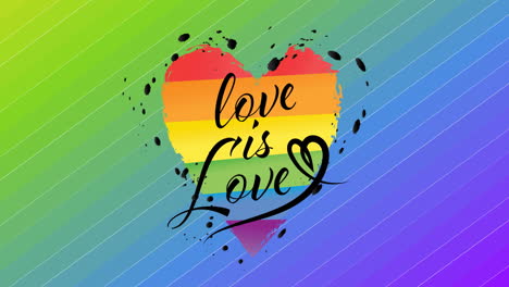 animation of love is love text on heart over rainbow stripes