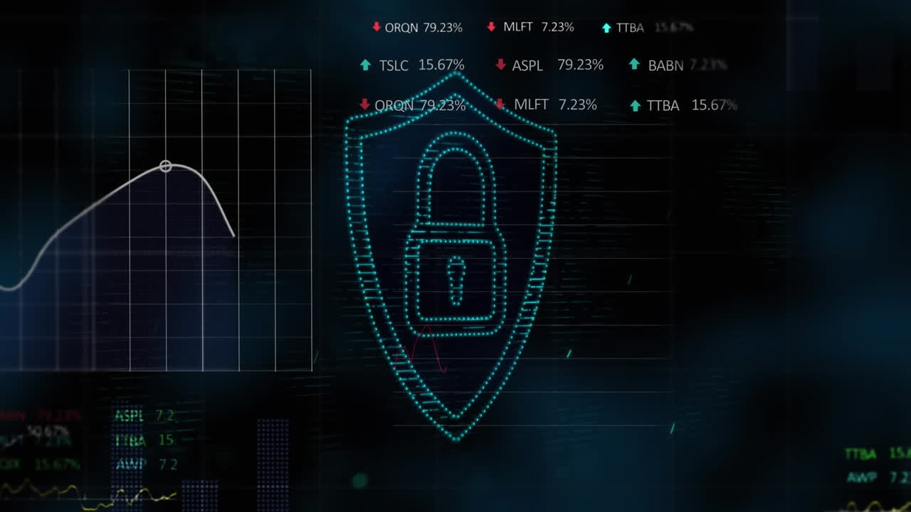 Animation of statistical, stock market data processing against light spot and security padlock icon