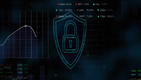 animation of statistical, stock market data processing against light spot and security padlock icon