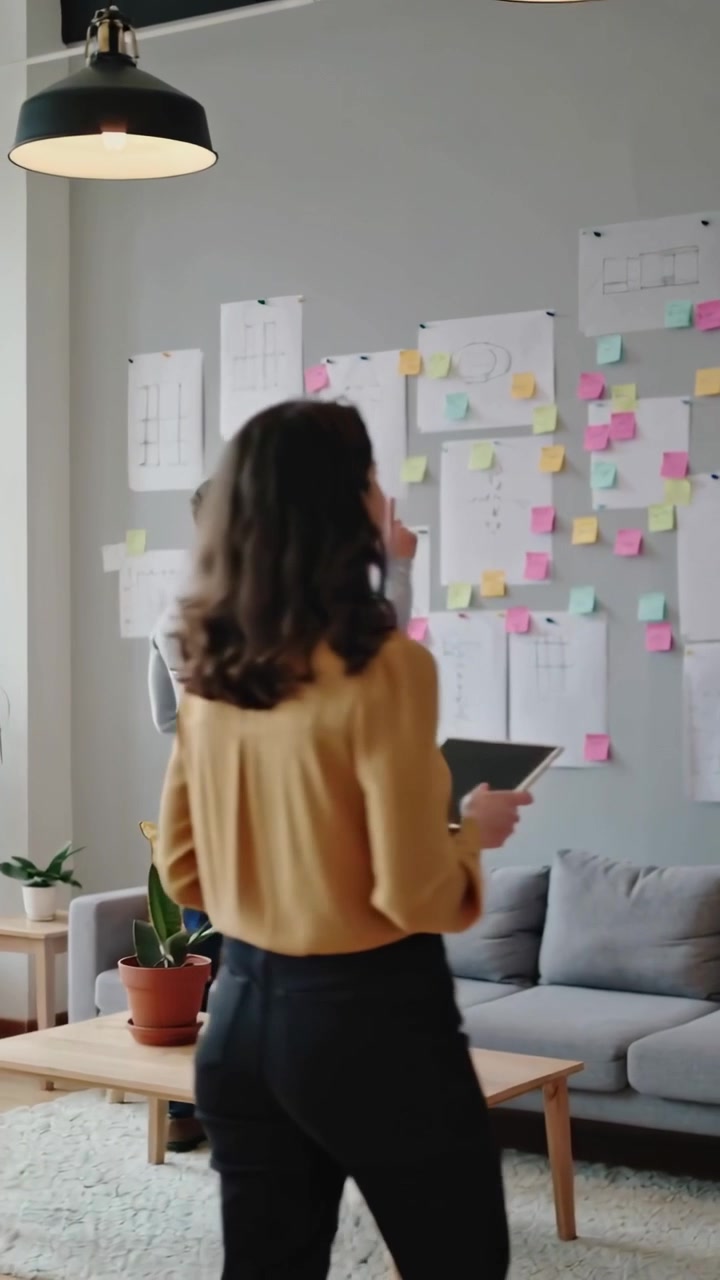 Vertical video: Walking man pointing,tapping sticky notes on wall at office, woman joining to plan