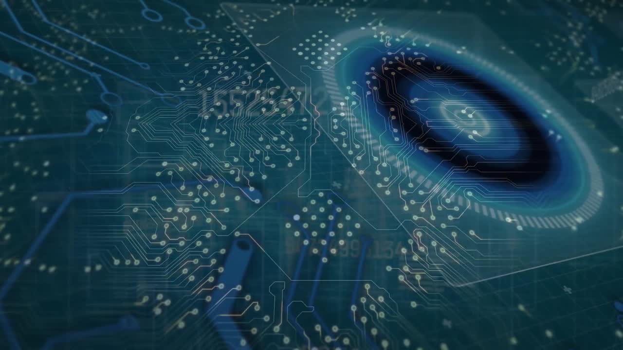 Animation of computer circuit board over data processing and scope scanning