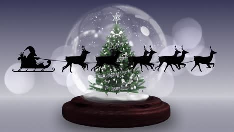 Animation-of-santa-claus-in-sleigh-with-reindeer-over-snow-globe-on-grey-background