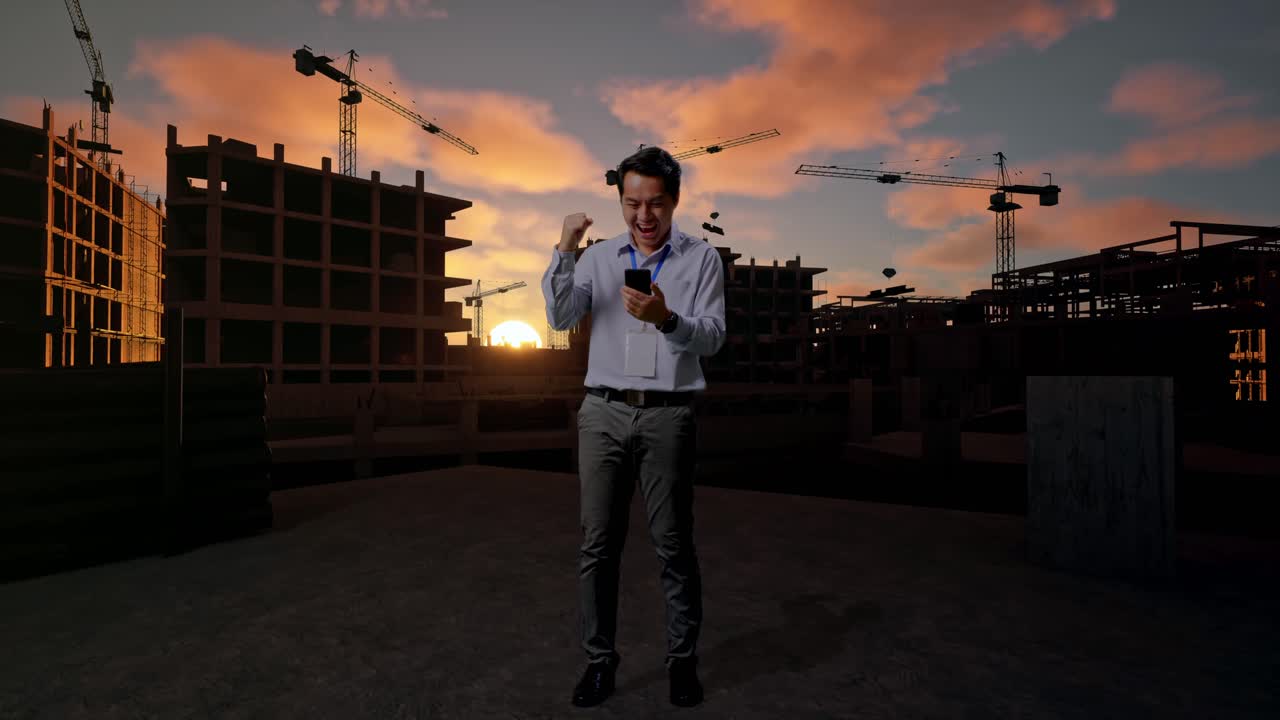 Un trabajador profesional asiático de cuerpo entero, de pie con su smartphone en una obra en construcción de una nueva casa. Levanta el puño gritando ¡Golpe!