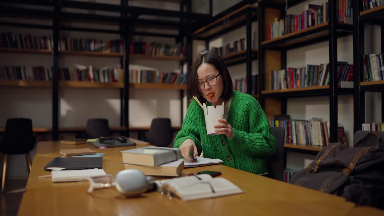 mujer estudiando en una biblioteca, comiendo fideos