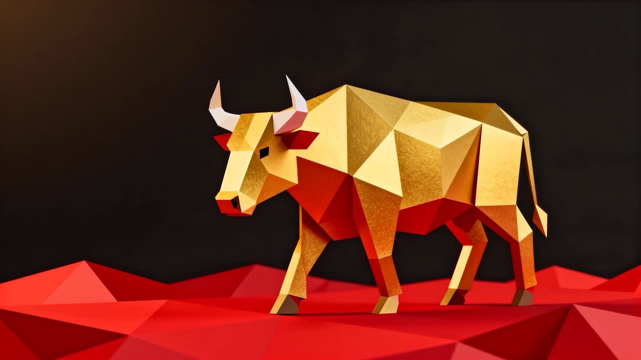 Gewichtsverlagerung, Low-Poly-Goldbulle, der über rot facettiertem Boden läuft, weiße Hörner links oben beleuchtet