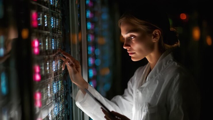 A Focused Researcher Analyzes Data in a Server Room, Illuminating the Connection Between Technology and Scientific Discovery Through a Passionate Work Ethic