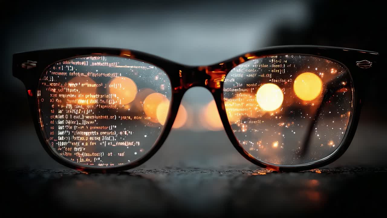 Esplorando l'intersezione tra tecnologia e visione: una vetrina accattivante di occhiali che riflettono codice ed elementi cosmici in un ambiente urbano abbagliante