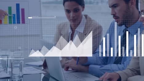 Animation-of-globe,-graphs-and-data-processing-over-male-and-female-colleagues-in-office-meeting