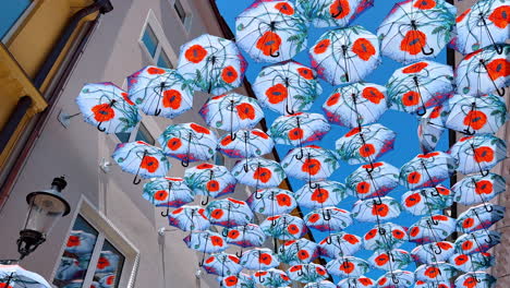 bratislava, slovakia, 2 june 2025: multiple umbrellas with poppy flowers hanging above the street. walking by the old town in bratislava, slovakia