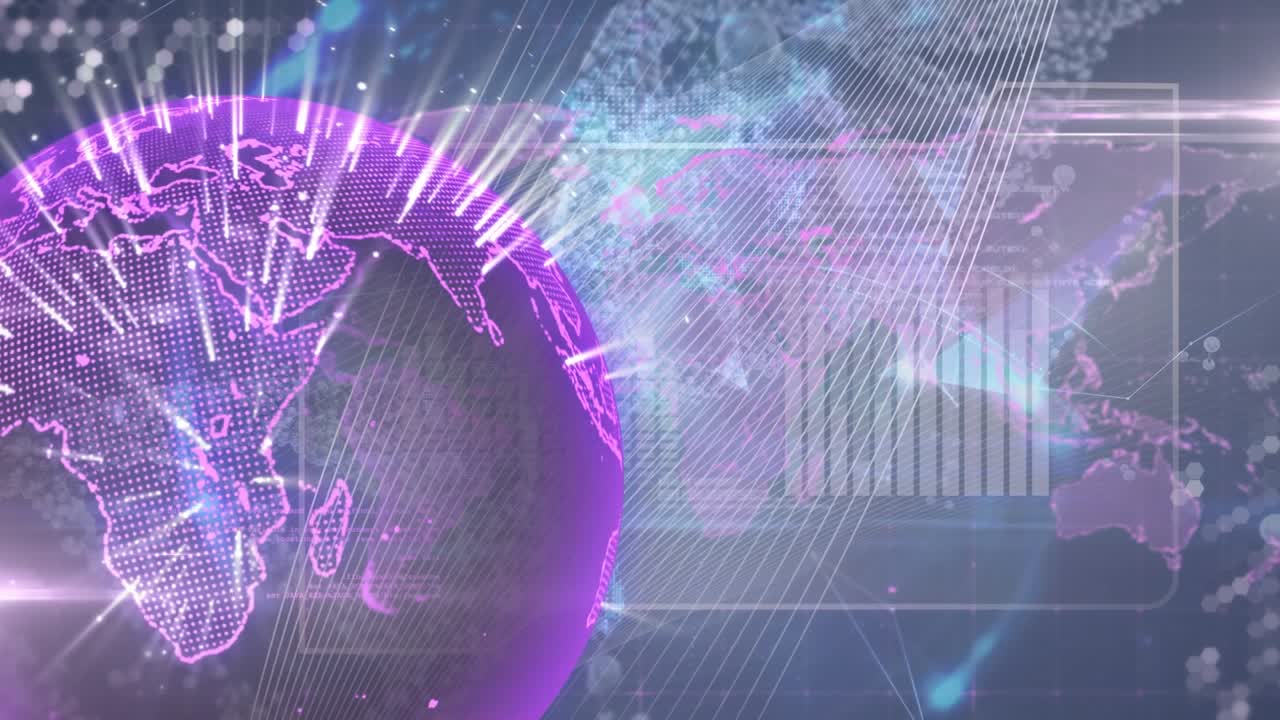 Animation of glowing pink globe over dna strands and data processing on dark background